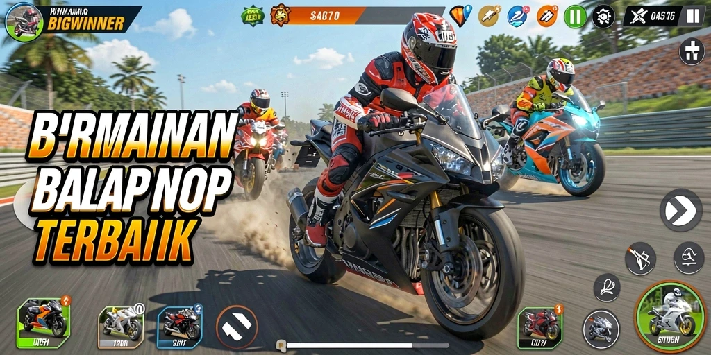 Screenshot utama BIGWINNER menampilkan aksi balap motor yang mendebarkan.