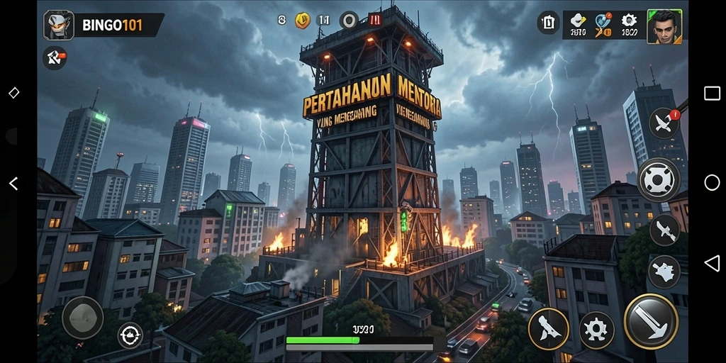 Tampilan gameplay BINGO101 menampilkan menara pertahanan dalam aksi.
