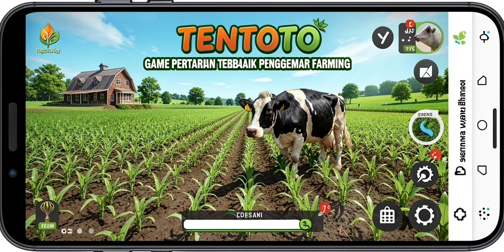 Screenshot utama TENTOTO menampilkan pemain yang sedang bertani.
